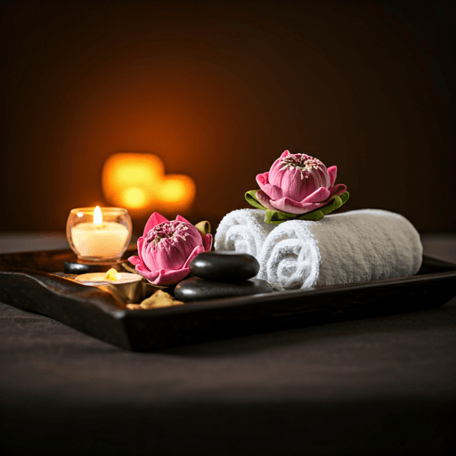 Traditional Thai spa arrangement with lotus flowers and massage stones